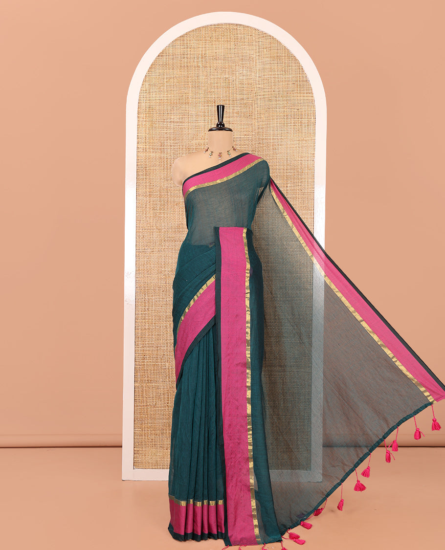 Rama Plain Khadi Mul Cotton Saree, a Contrast Satin Plain Border, a Self-Pallu, and a Matching Blouse