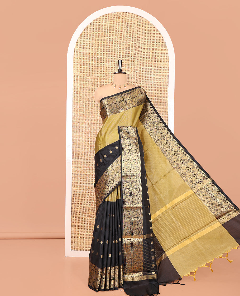 Mustard-Black Banarasi Tissue Saree, Adorned with Half-and-Half-style Plain and Buttas, Contrast Peacock Border, and a Matching Blouse