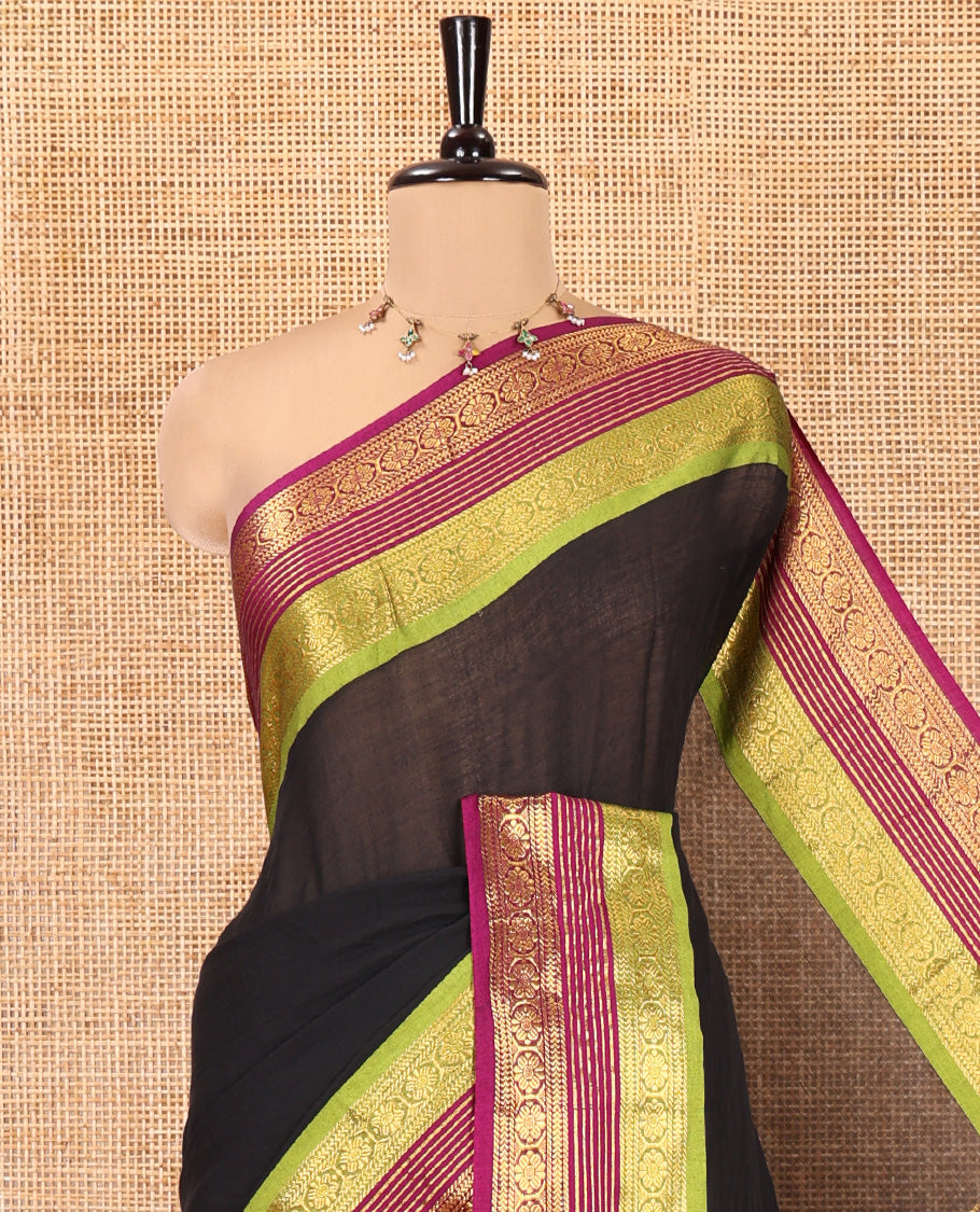 Black Plain Khadi Mul Cotton Saree, Complemented by a Contrast Traditional Zari Border, Striped Pallu, and a Matching Blouse