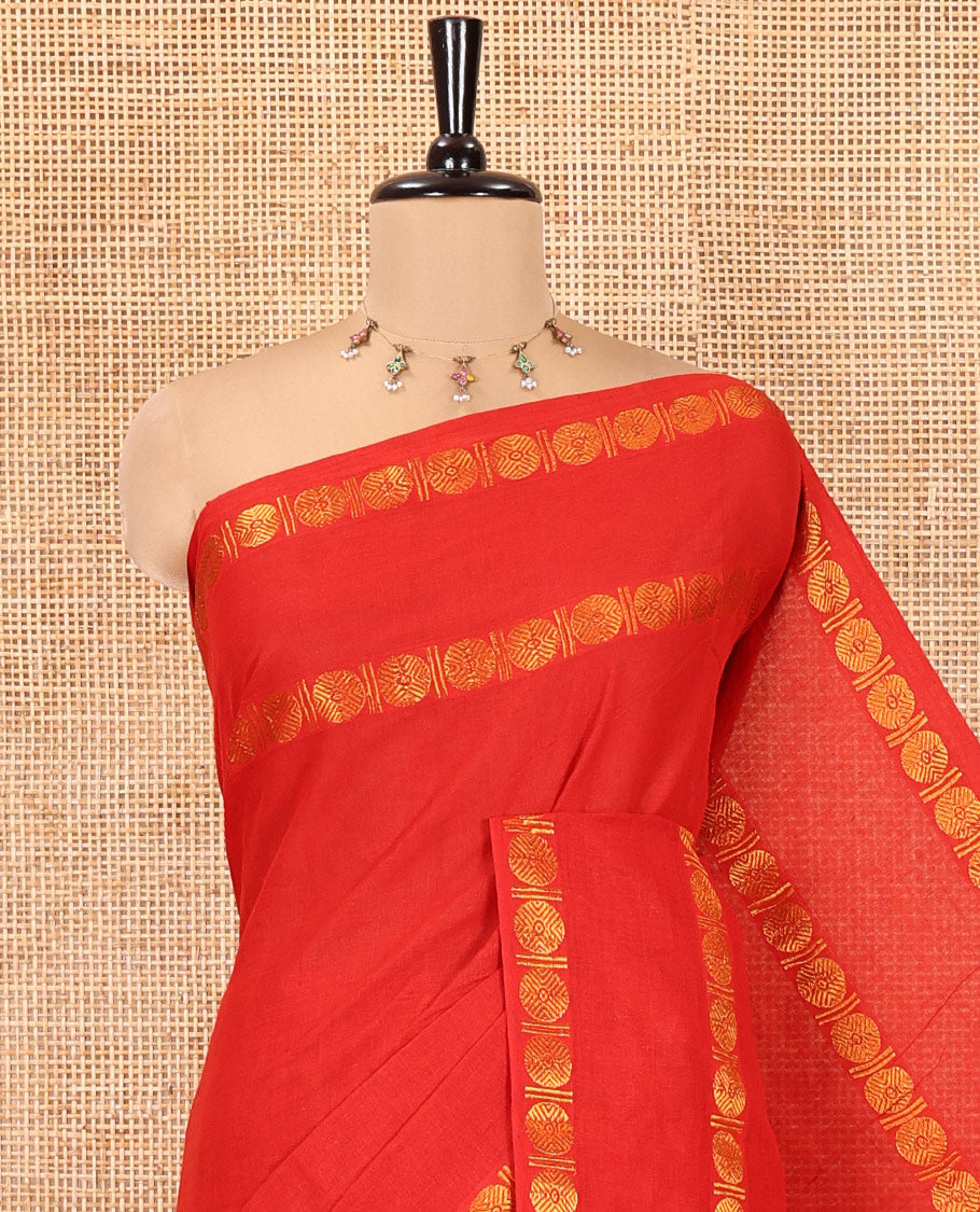 Red Plain Sungudi Cotton Saree, Highlighted by Traditional Rettai Pettu Rudraksham Border, Striped Pallu, and a Matching Blouse