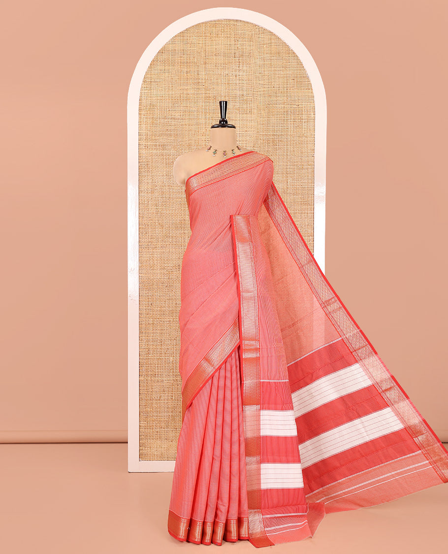 Reddish-Brown Mercerised Cotton Saree, Adorned with Stripes, Contrast Traditional Zari Border, Striped Pallu, and Matching Blouse