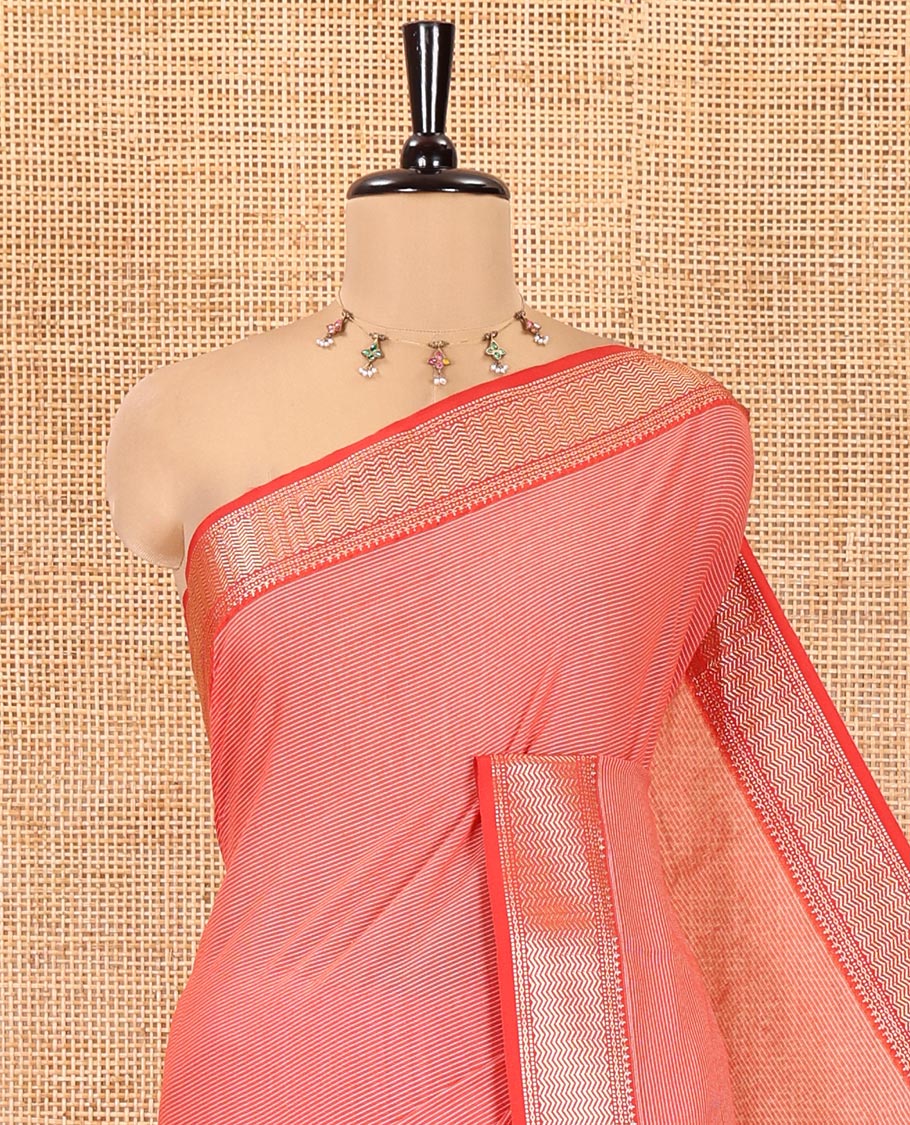 Reddish-Brown Mercerised Cotton Saree, Adorned with Stripes, Contrast Traditional Zari Border, Striped Pallu, and Matching Blouse