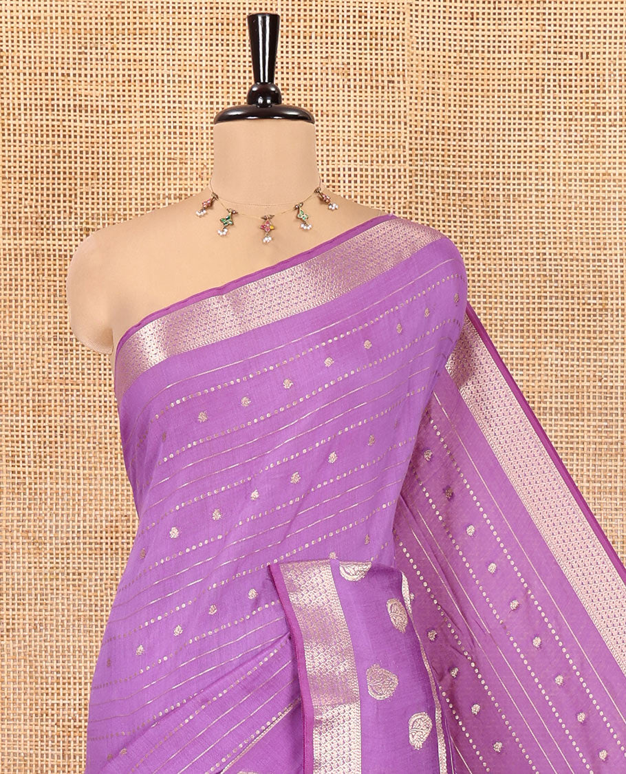 Lavender Assam Silk Saree, Enriched with Zari Designs, a Traditional Zari Border, Striped Pallu, and a Matching Blouse