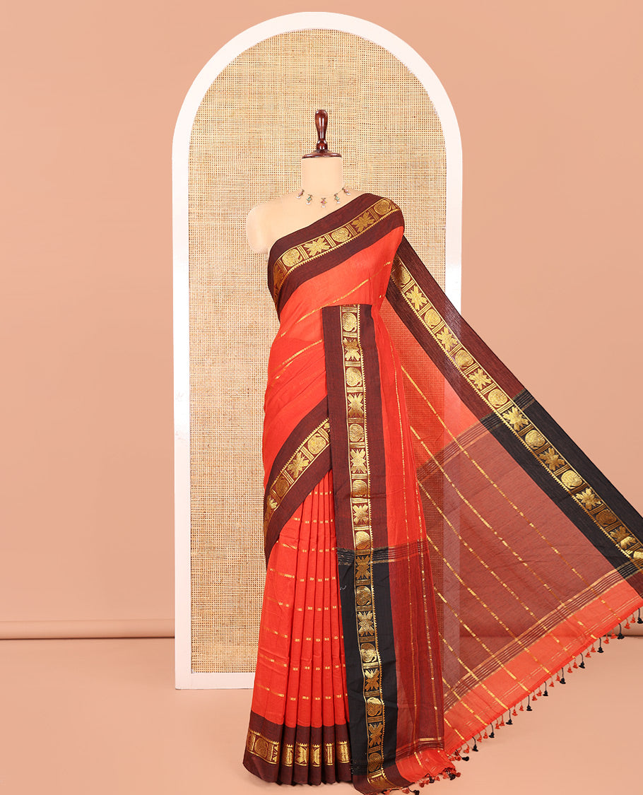Rust Khadi Mul Cotton Saree, Adorned with Veldhari Stripes, Complemented by a Contrast Traditional Zari Border, Striped Pallu, and No Blouse
