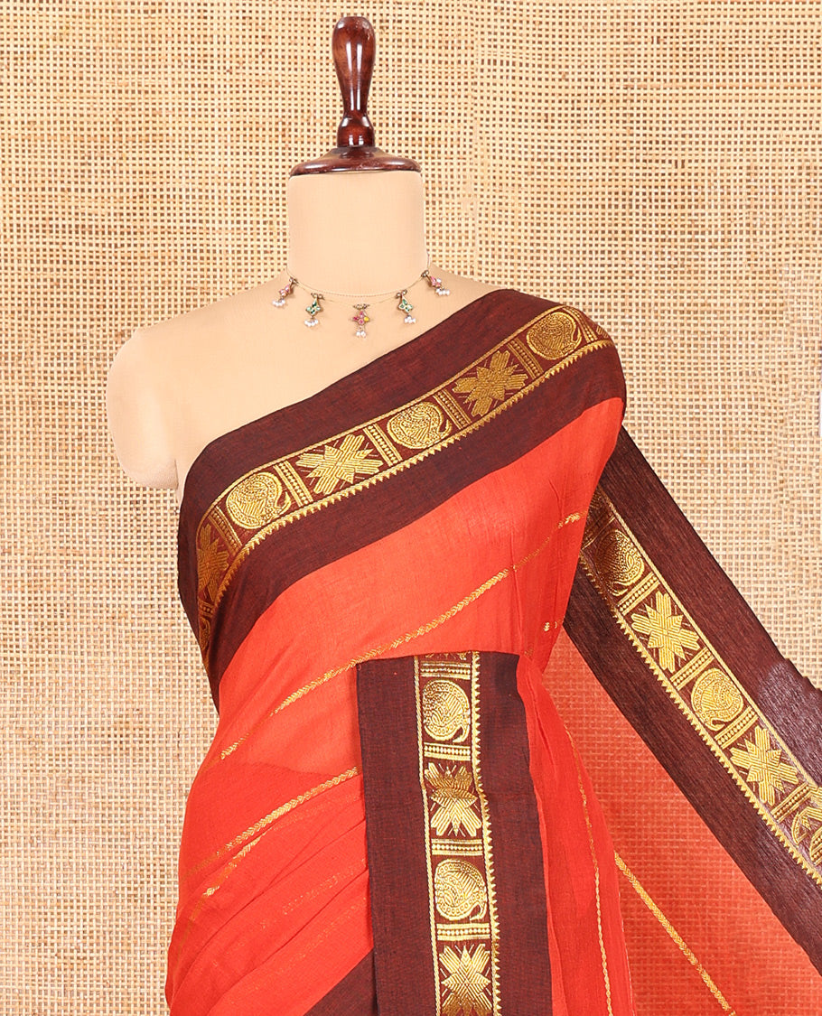 Rust Khadi Mul Cotton Saree, Adorned with Veldhari Stripes, Complemented by a Contrast Traditional Zari Border, Striped Pallu, and No Blouse