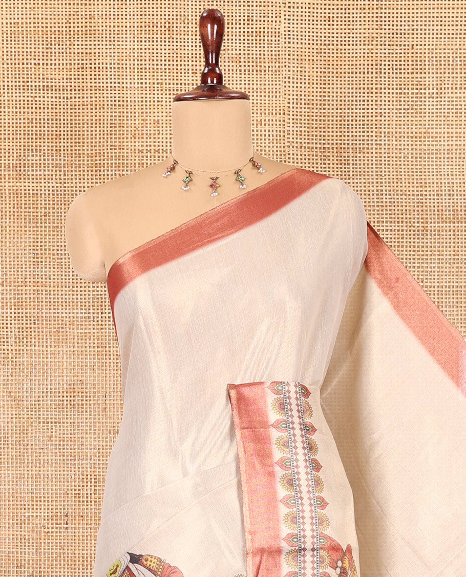 Gold Tissue Saree, Artfully Designed with Colorful Kathakali Print, a Contrast Printed Border and a Contrast Blouse