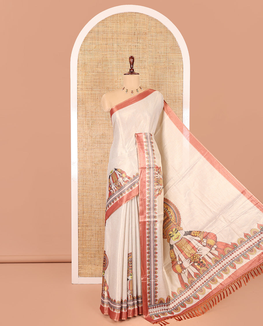 Gold Tissue Saree, Artfully Designed with Colorful Kathakali Print, a Contrast Printed Border and a Contrast Blouse
