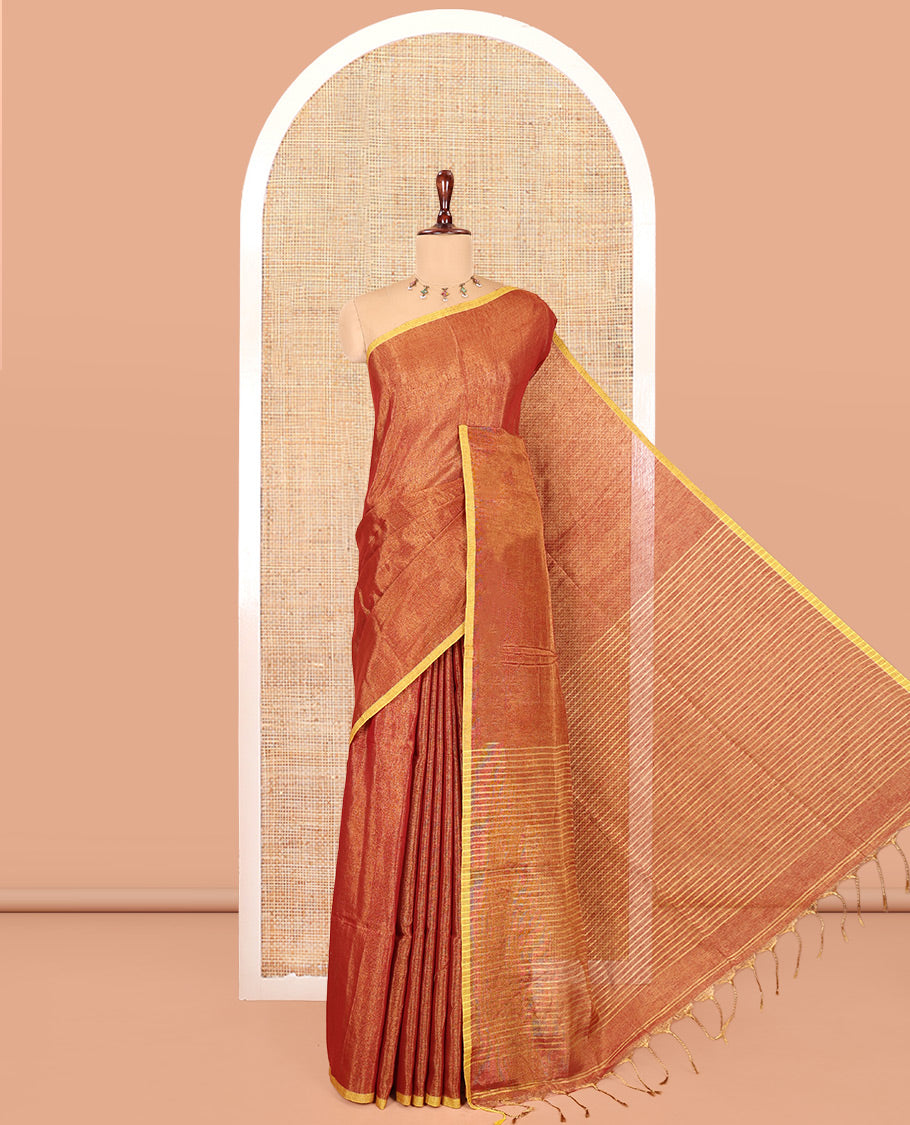 Borderless Maroon Plain Khadi Tissue Saree, a Self-Striped Pallu, and a Matching Blouse