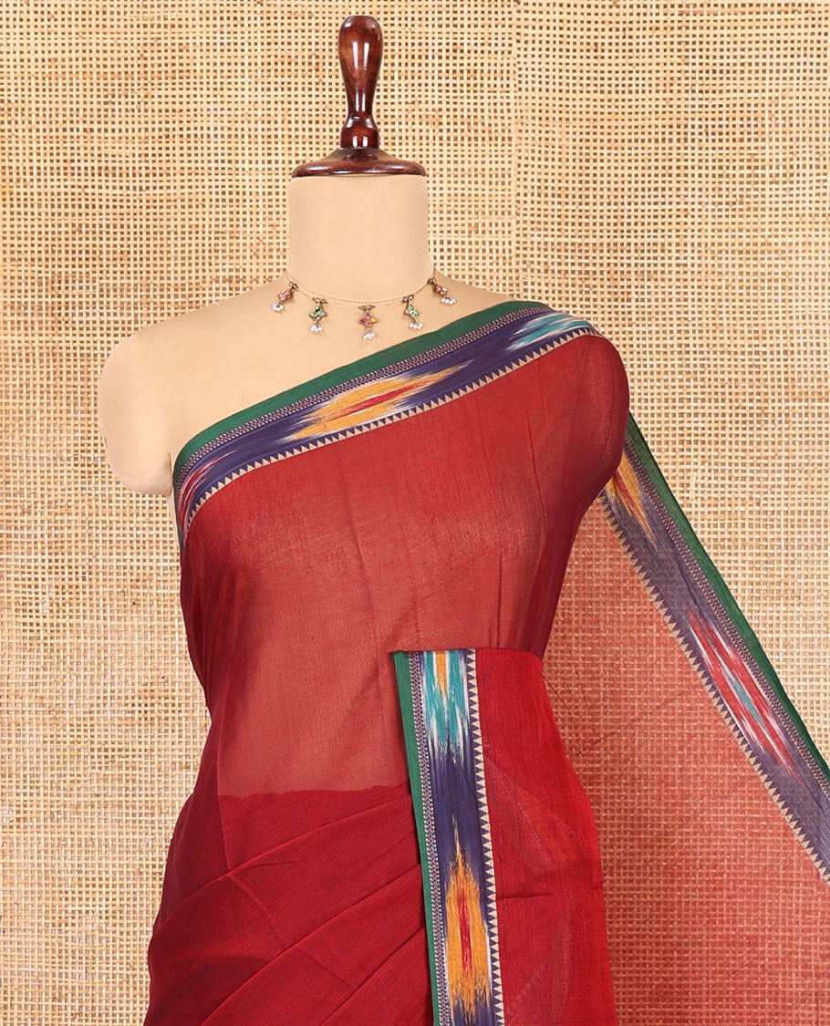 Maroon Plain Mercerised Cotton Saree, a Contrast Ikat Border, an Ikat Weave Pallu, and a Matching Blouse