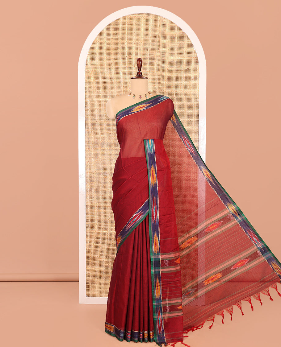 Maroon Plain Mercerised Cotton Saree, a Contrast Ikat Border, an Ikat Weave Pallu, and a Matching Blouse
