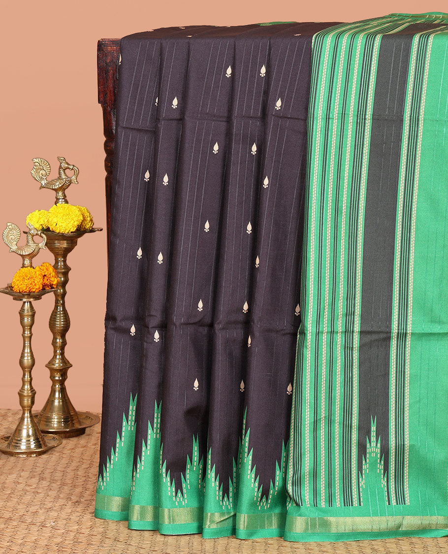 Black Kathan Silk Saree Adorned with Buttas, Contrast Temple Border, Temple pallu, and Striped Blouse