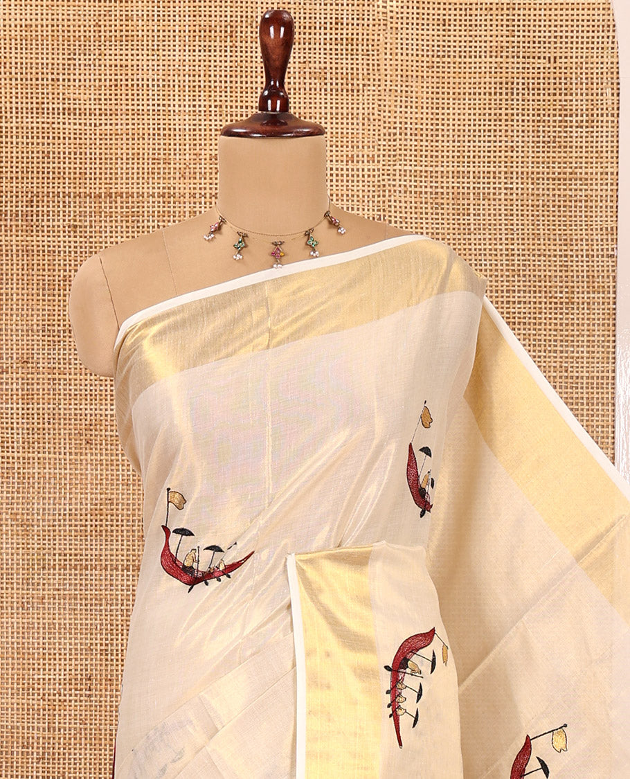 Gold Kerala Tissue Saree, Artfully Detailed with Vallam Kali Motifs, Gold Zari Border, a Self-Pallu, a Matching Blouse
