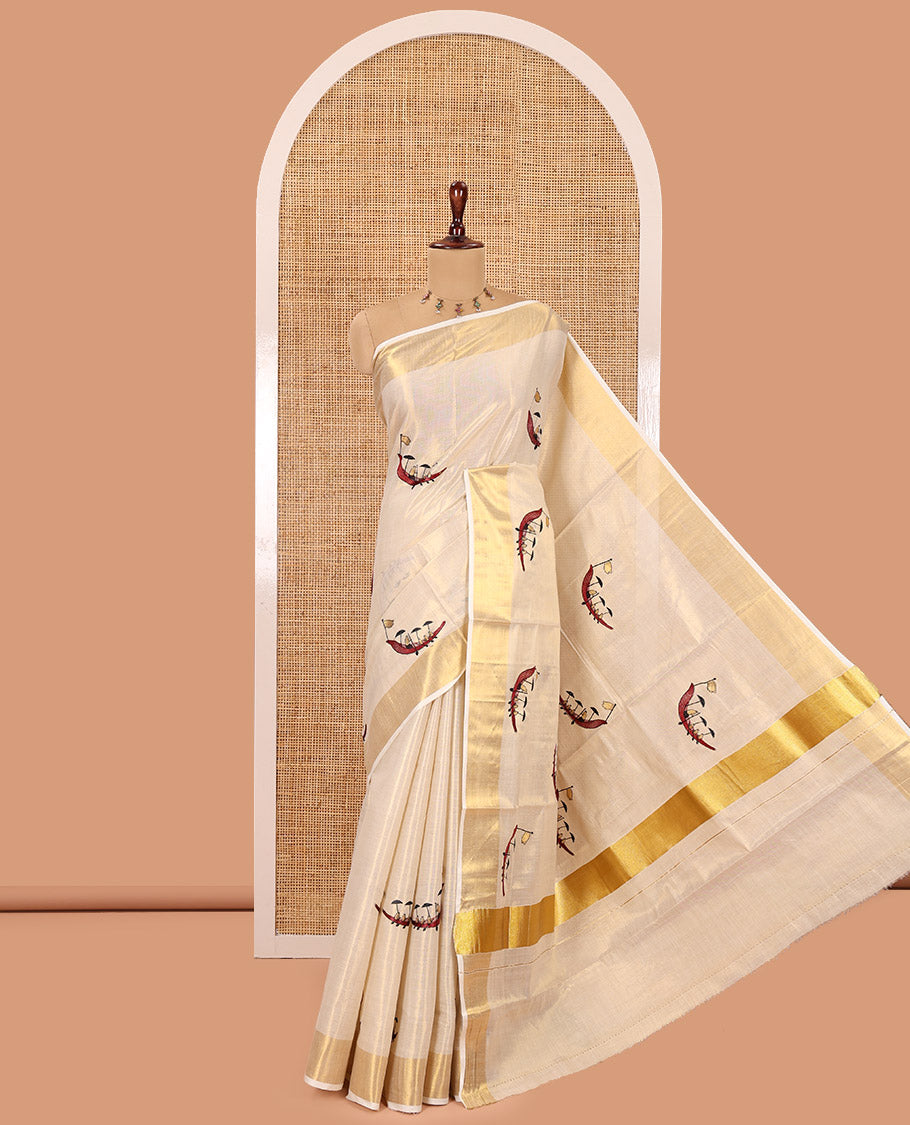 Gold Kerala Tissue Saree, Artfully Detailed with Vallam Kali Motifs, Gold Zari Border, a Self-Pallu, a Matching Blouse