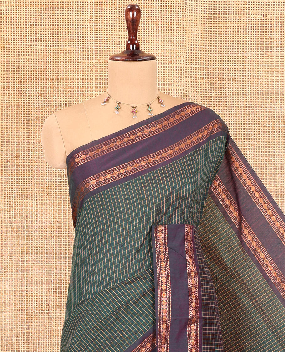 Green Checked Kalyani Cotton Saree, Contrast Rettai Pettu Rudraksham Border and a Matching Blouse