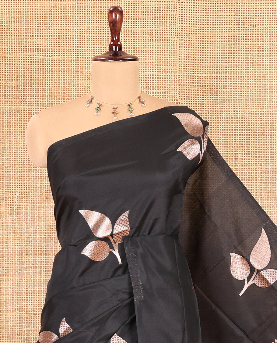 Borderless Black Elite Soft Silk Saree, Adorned with Leaf Motifs, a Self-Pallu of Floral Designs, and a Matching Blouse