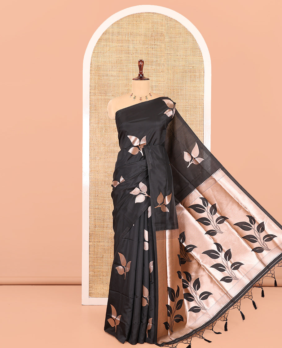 Borderless Black Elite Soft Silk Saree, Adorned with Leaf Motifs, a Self-Pallu of Floral Designs, and a Matching Blouse