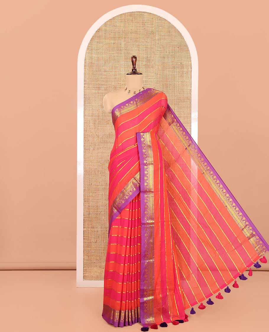 Orange-Pink Khadi Mul Cotton Saree, Steeped with Stripes, a Contrast Traditional Zari Border, and No Blouse