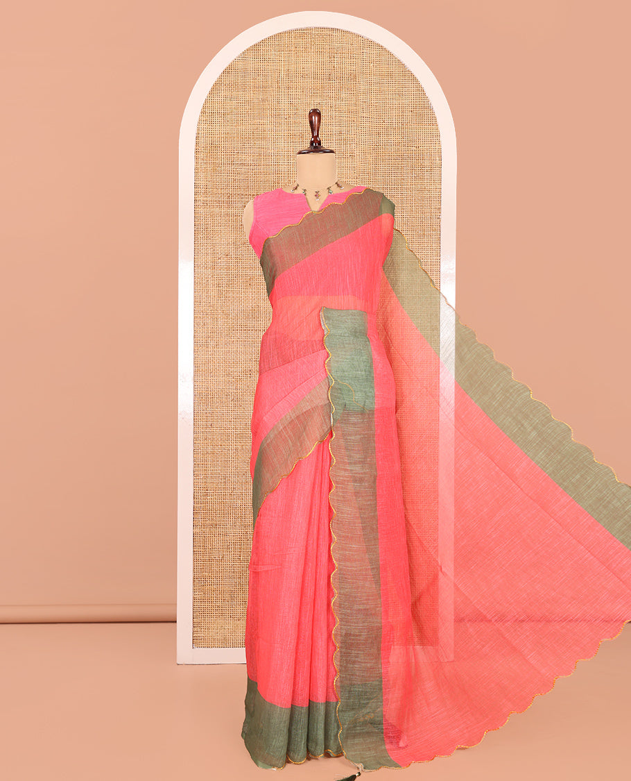 Tomato Pink Plain Linen Cotton Saree, Contrast Plain Scallop Border, a Self-Pallu, and Contrast Kalamkari Printed Blouse