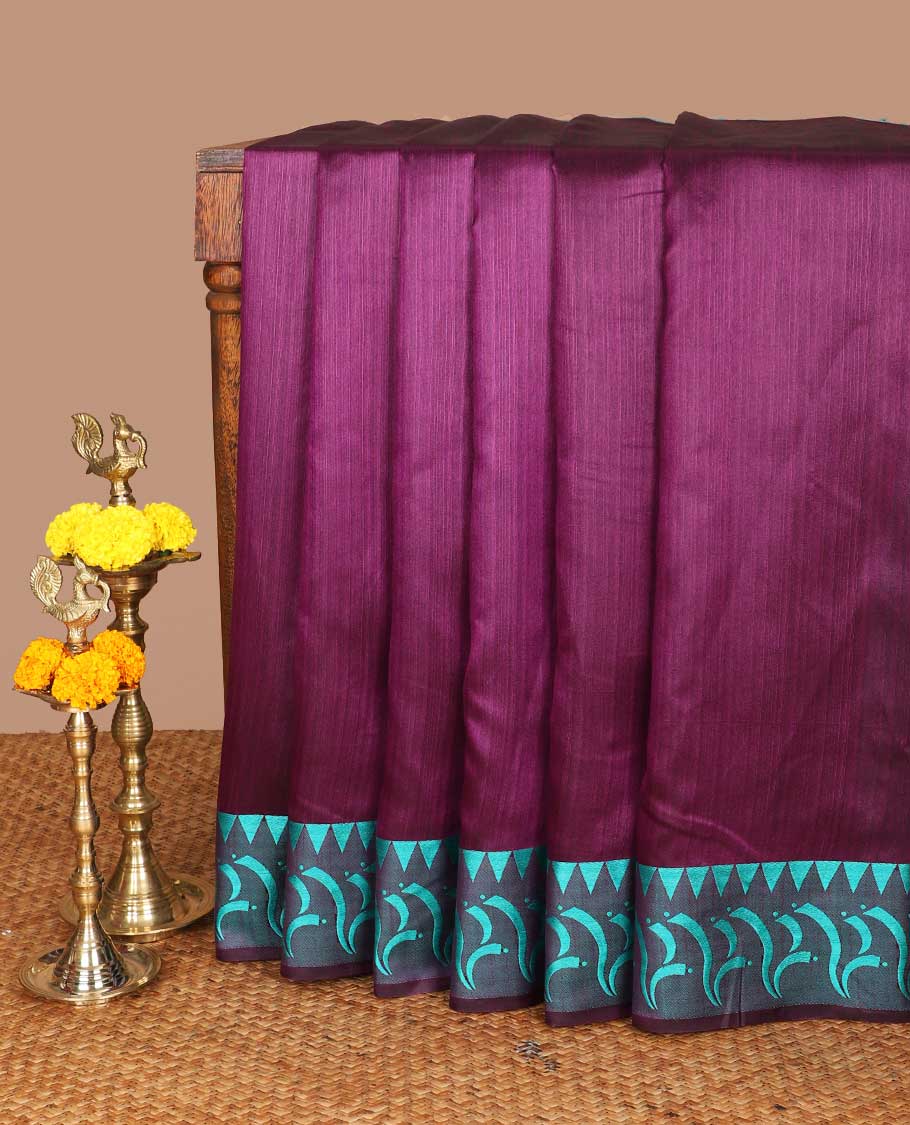 purple plain banaras jute silk saree with satin temple border & chit pallu along with plain blouse