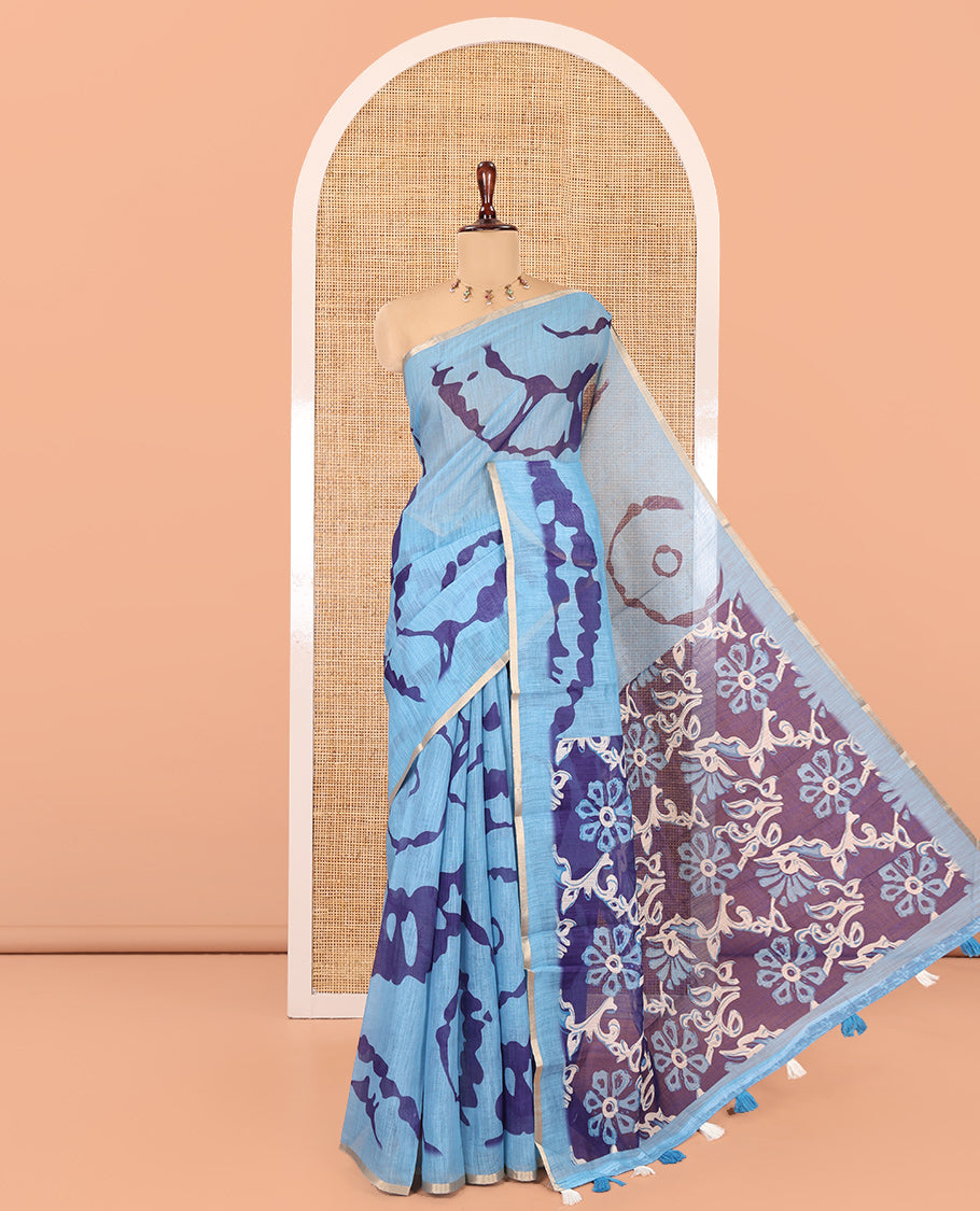 Blue Linen Cotton Saree, Adorned with Shibori Print, Gold Piping Border, Contrast Floral Printed Pallu, and Contrast Floral Printed Blouse