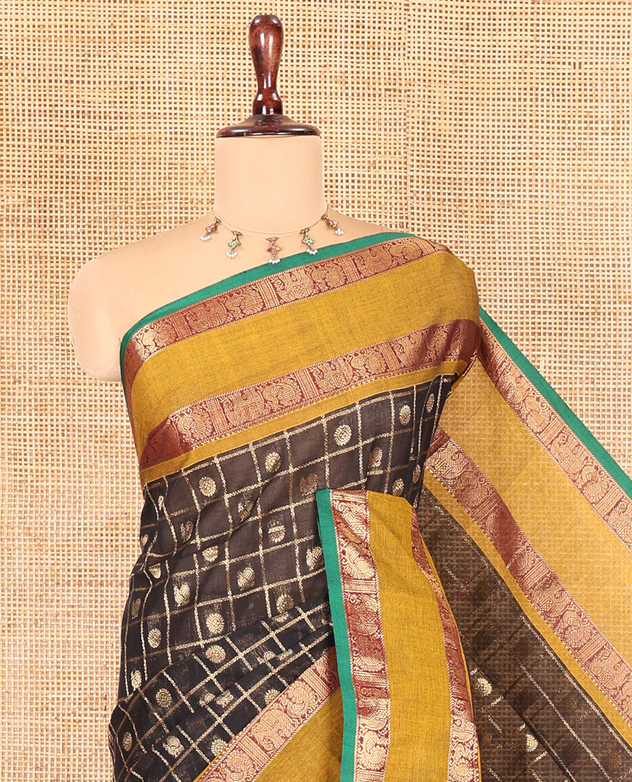 Black Chettinad Cotton Saree, Decorated with Mayil-Chakra Butta Enclosed Checks, a Contrast Rettai Pettu Border, Grand Pallu, a Matching Blouse