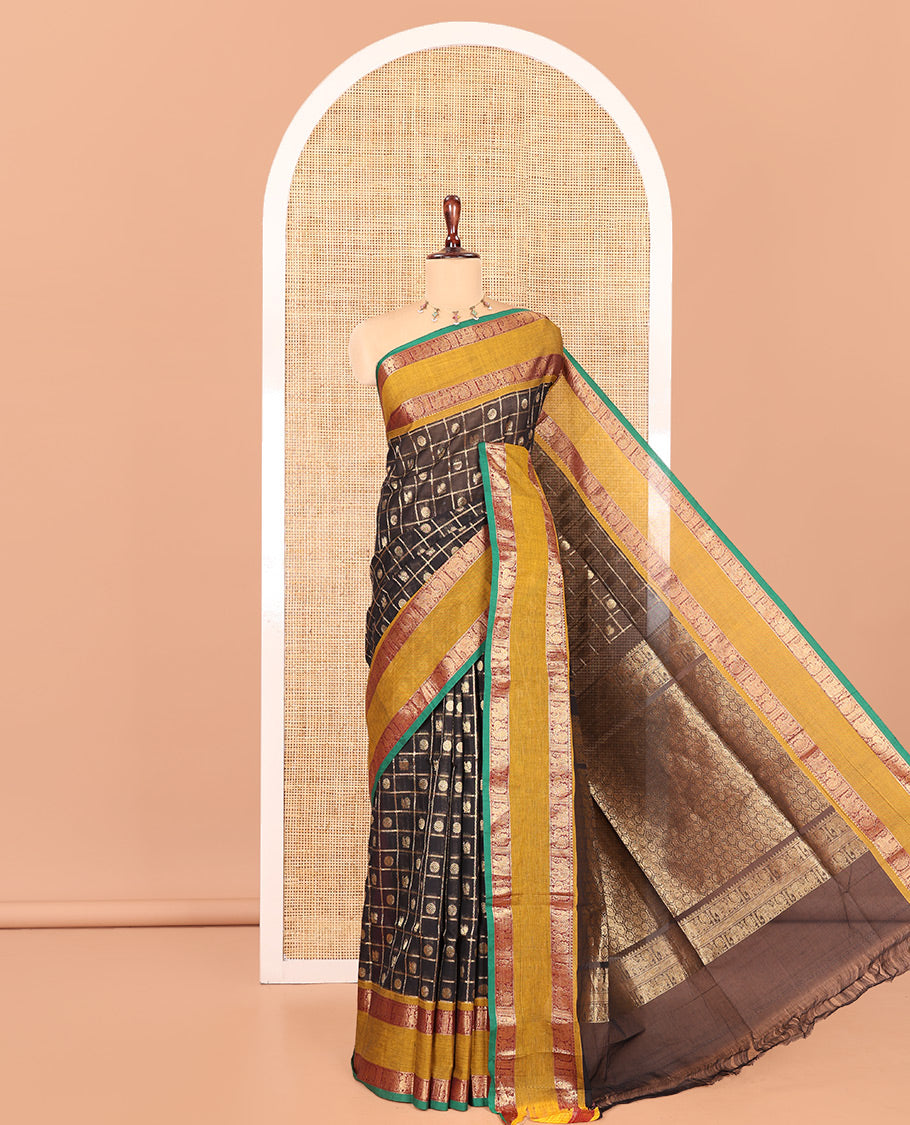Black Chettinad Cotton Saree, Decorated with Mayil-Chakra Butta Enclosed Checks, a Contrast Rettai Pettu Border, Grand Pallu, a Matching Blouse