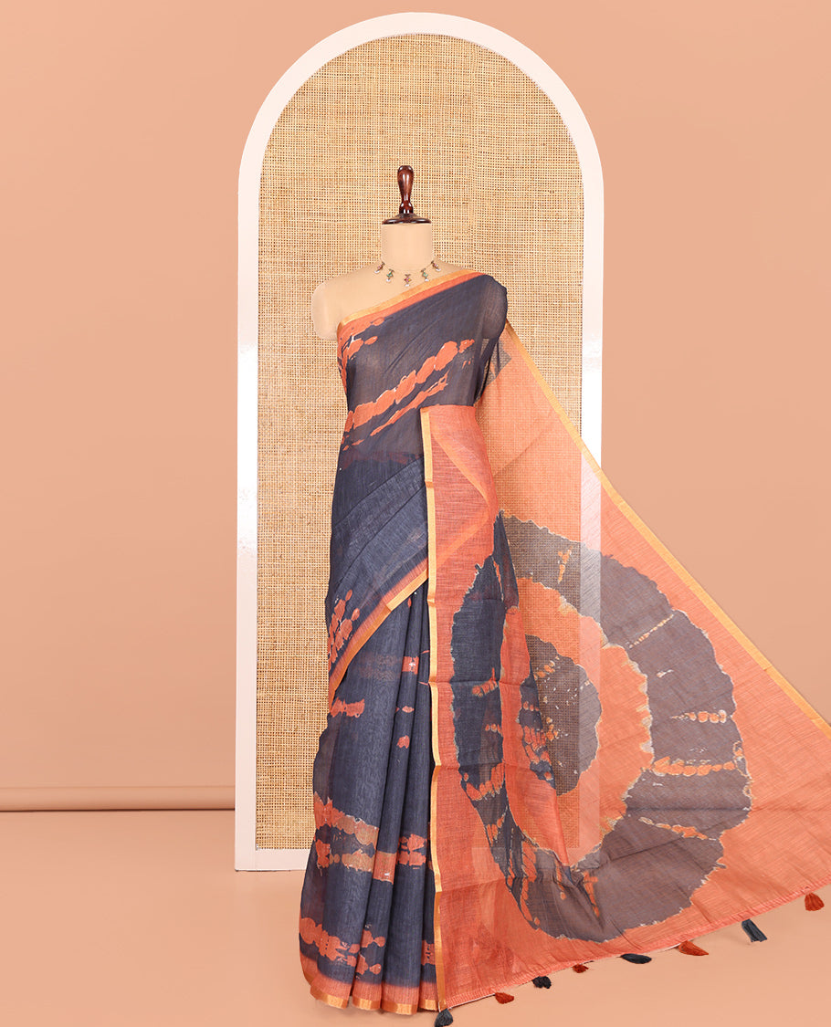 Grey Linen Cotton Saree, Subtly Sparkled with Shibori Print, Complemented by a Contrast Border, Shibori Pallu, and a Contrast Blouse