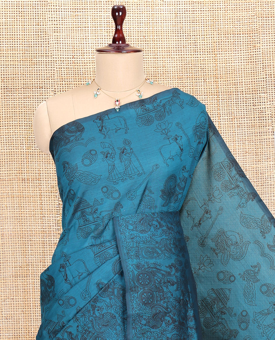 Borderless Rama South Cotton Saree, Adorned with Kalamkari-Style Motifs Outline Print, and a Matching Blouse