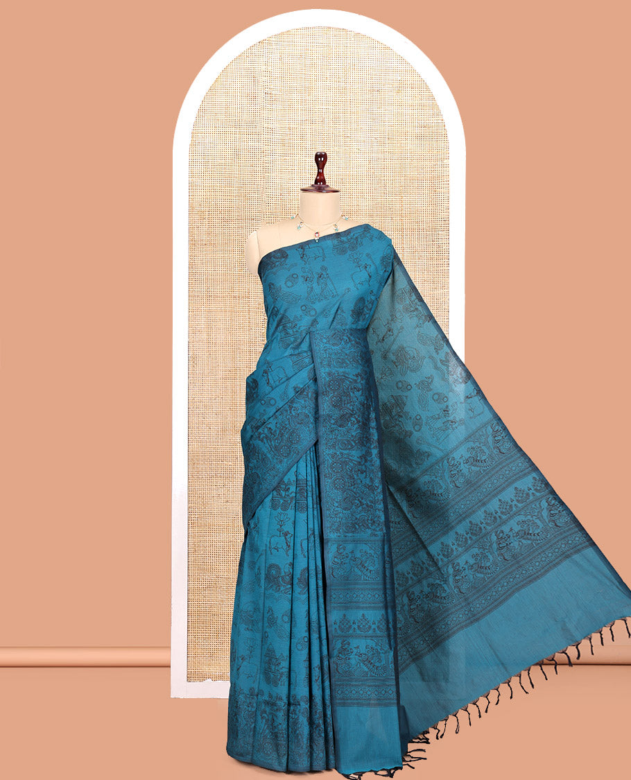Borderless Rama South Cotton Saree, Adorned with Kalamkari-Style Motifs Outline Print, and a Matching Blouse