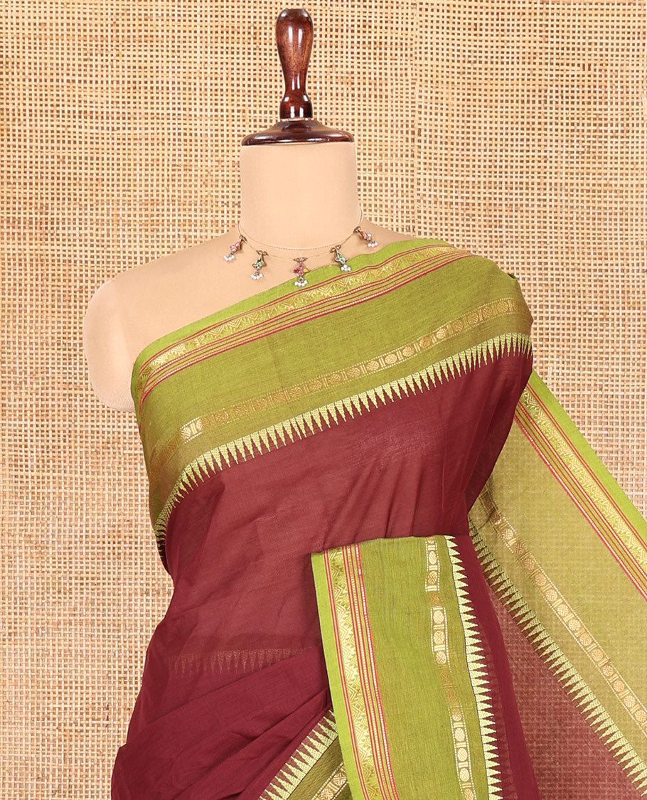Coffee Brown Plain Chettinad Cotton Saree, a Contrast Traditional Temple Rettai Pettu Border, a Matching Blouse