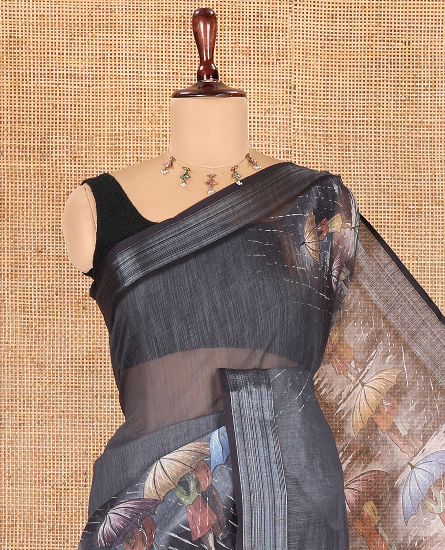 Steel Grey Rain-Themed Printed Linen Cotton Saree, Adorned with People with Umbrellas, a Zari Border, and Matching Blouse