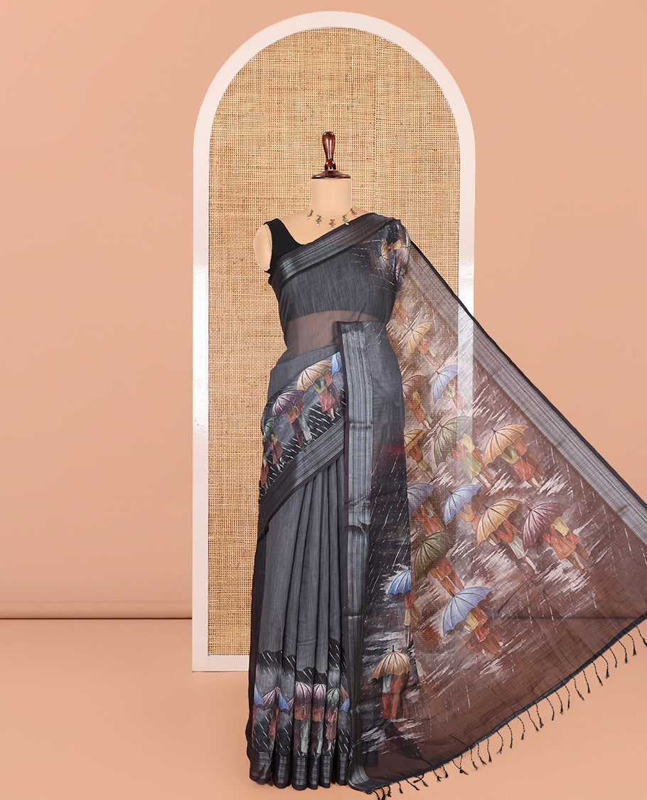 Steel Grey Rain-Themed Printed Linen Cotton Saree, Adorned with People with Umbrellas, a Zari Border, and Matching Blouse