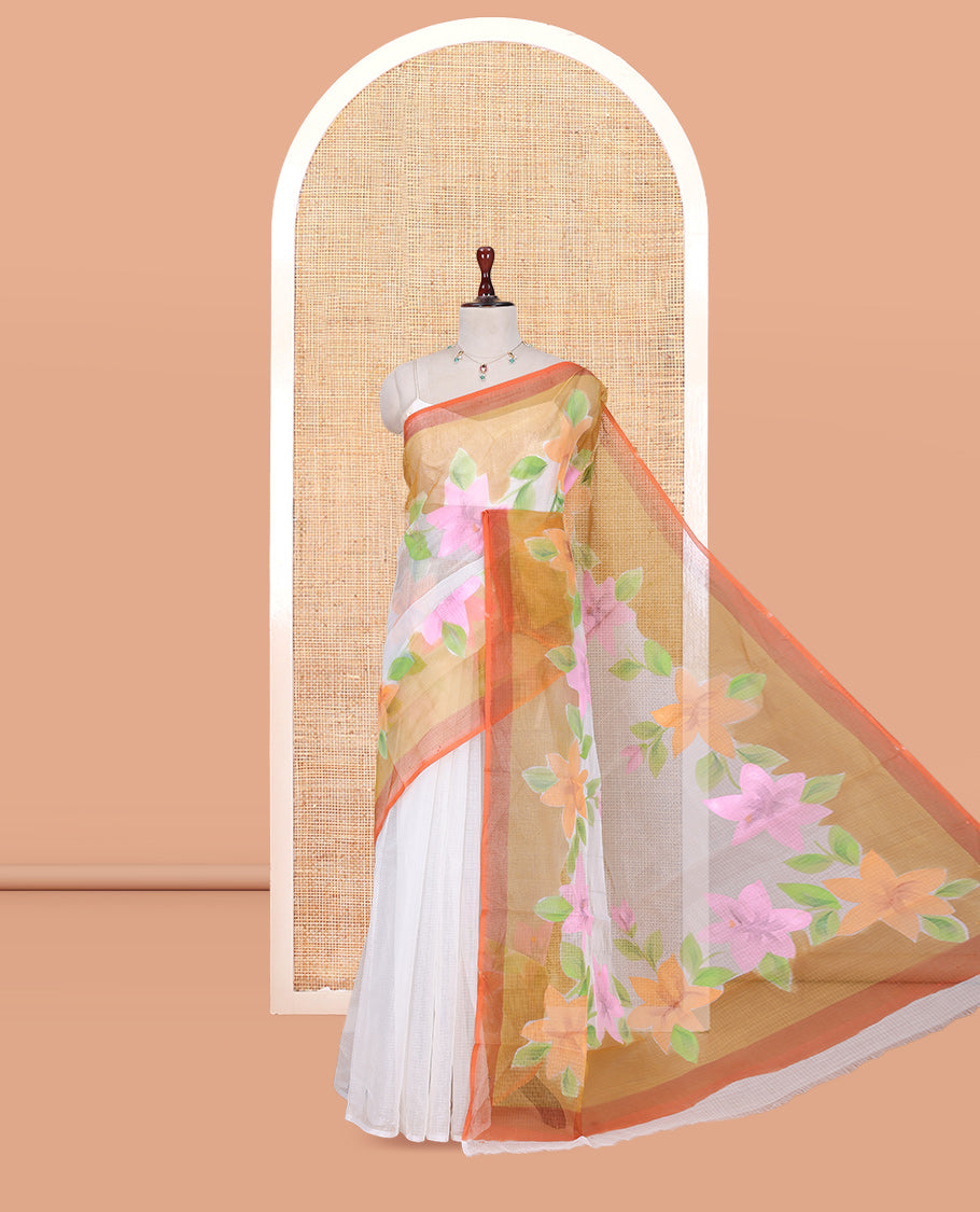 White Kota Doria Saree, Adorned with 6-Petal Floral Print, a Contrast Border, and a Matching Blouse