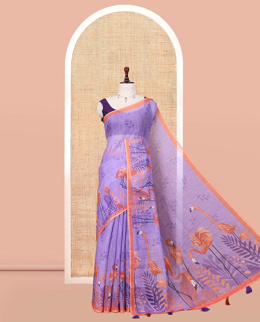Lavender Linen Cotton Saree, Adorned with Floral Crane Motifs Print, a Contrast Border, and a Contrast Blouse