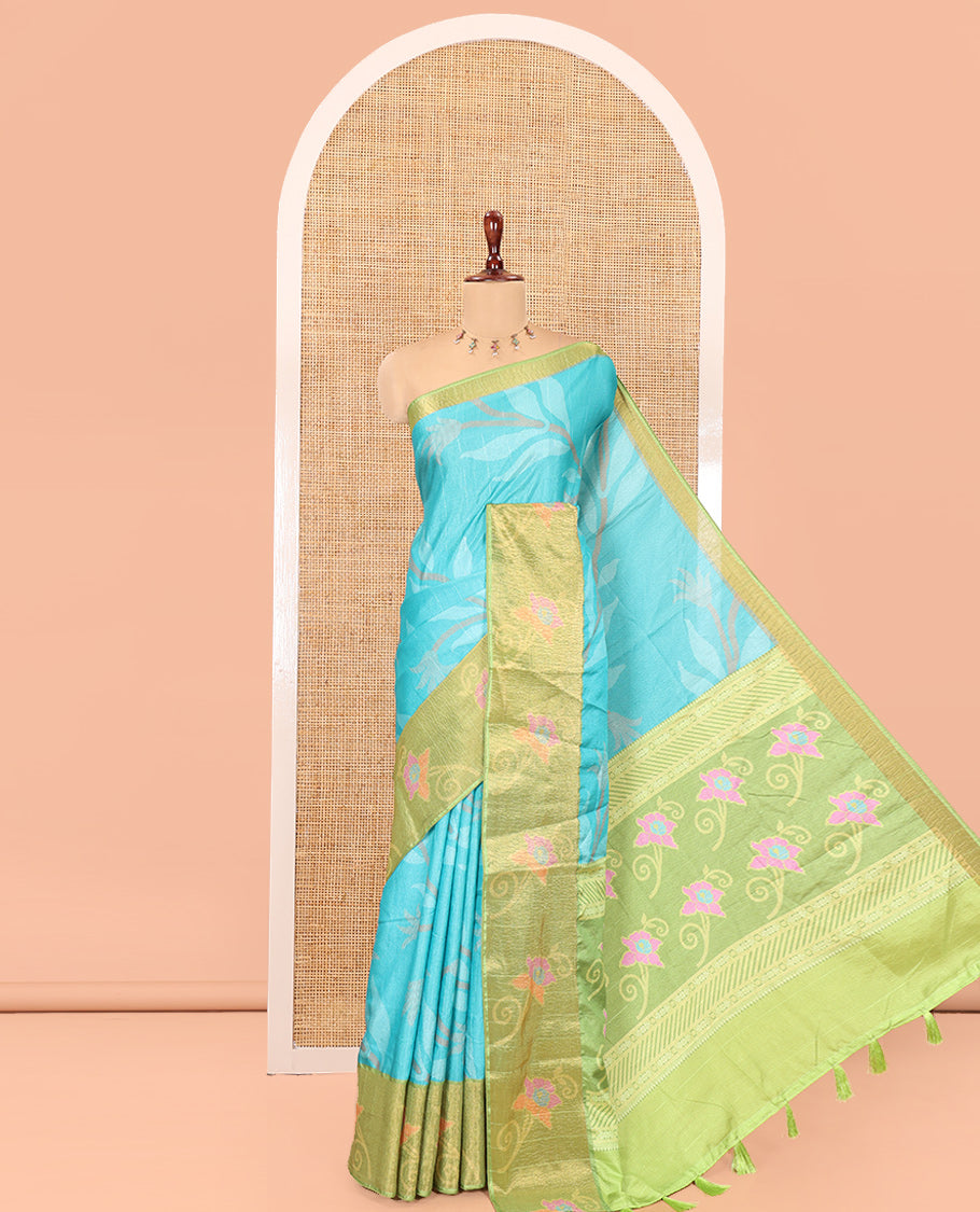 Rama Manipuri Silk Saree, Adorned with Pochampally-Style Floral Vine, a Contrast Floral Creeper Border, Floral Pallu, a Contrast Blouse