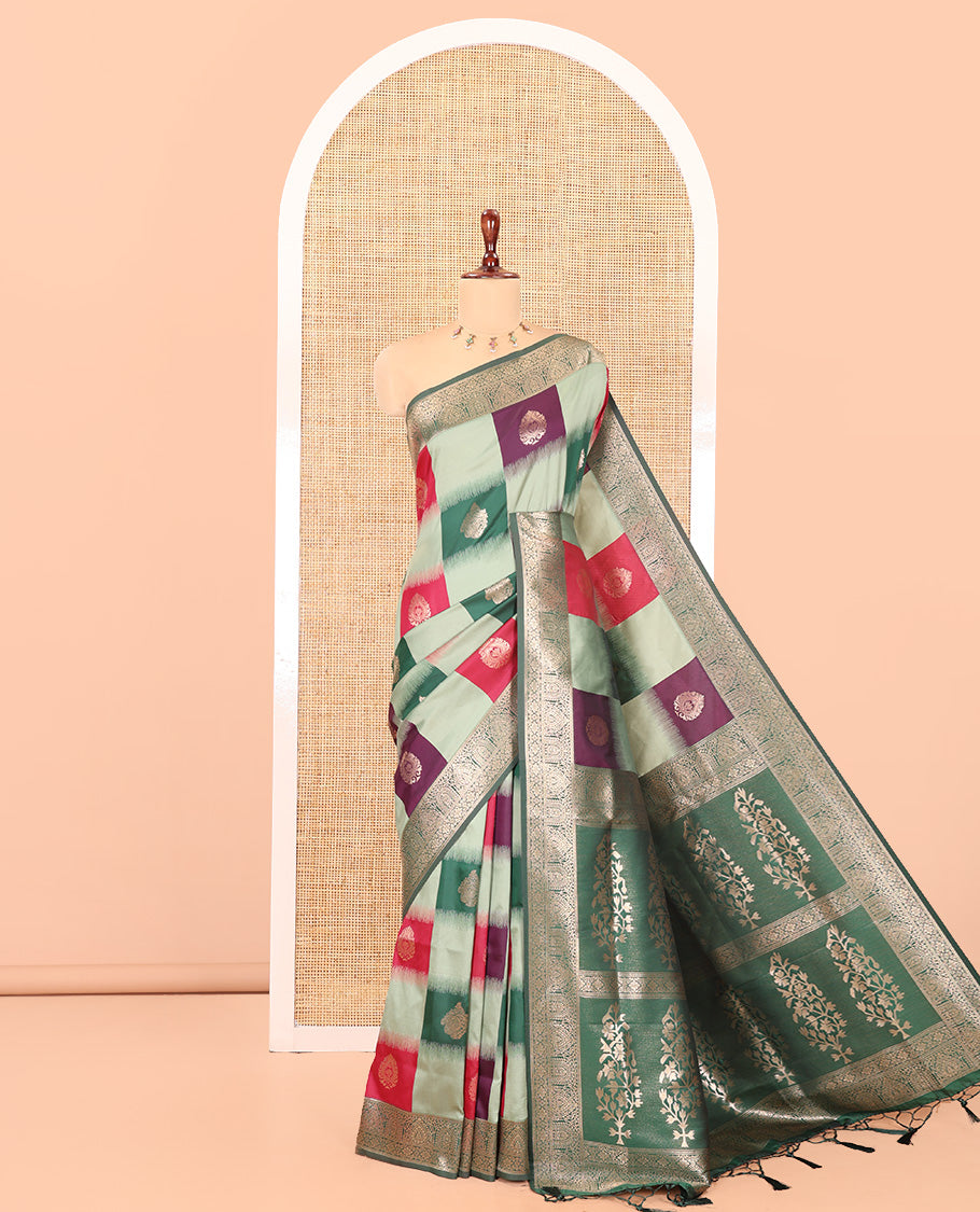 Green Elite Soft Silk Saree, Adorned with Zari Buttas and Checks, a Contrast Traditional Border, Grand Pallu, and a Contrast Blouse