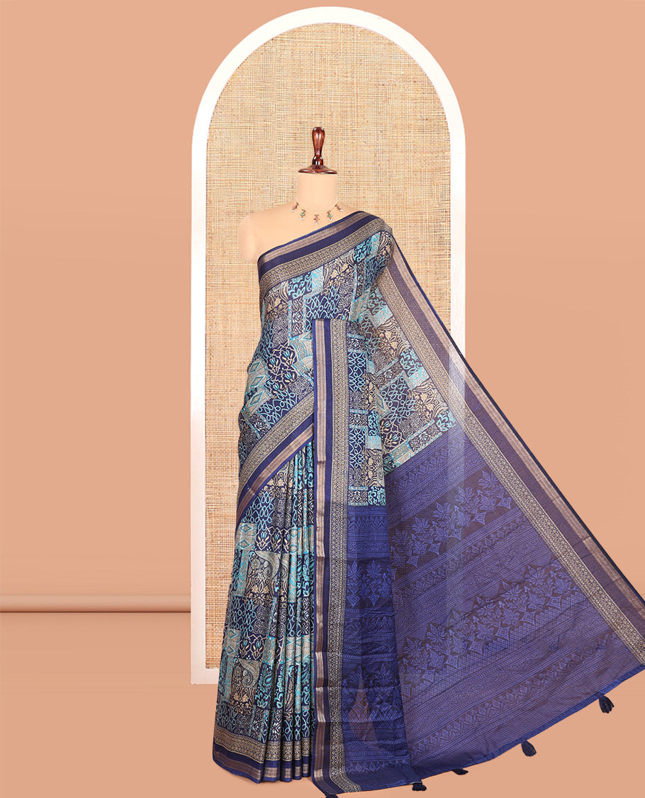 Navy Blue Malai Cotton Saree, Adorned with Handblock Print, a Contrast Border, Sparsely Pallu, Matching Blouse