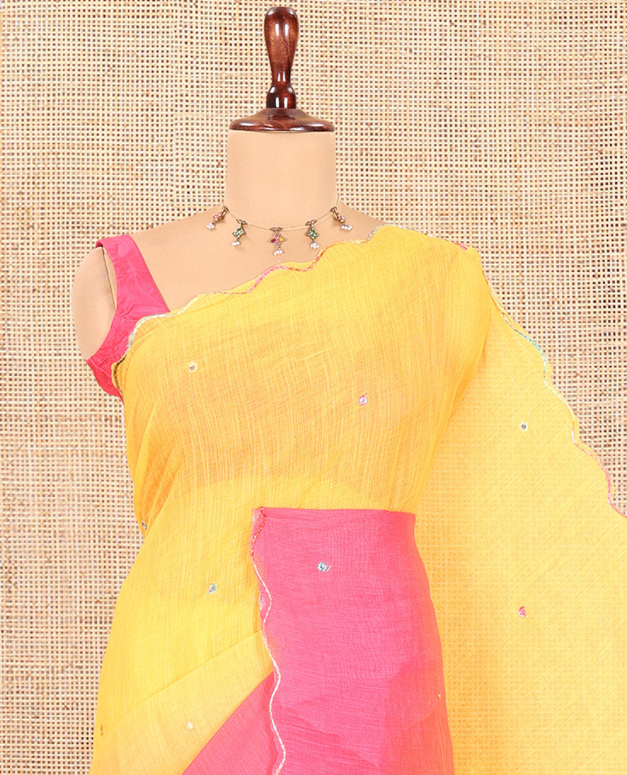 Yellow-Pink Linen Cotton Saree Features Ombre Dye and Mirrorwork, Scallop Border, and Contrast Blouse
