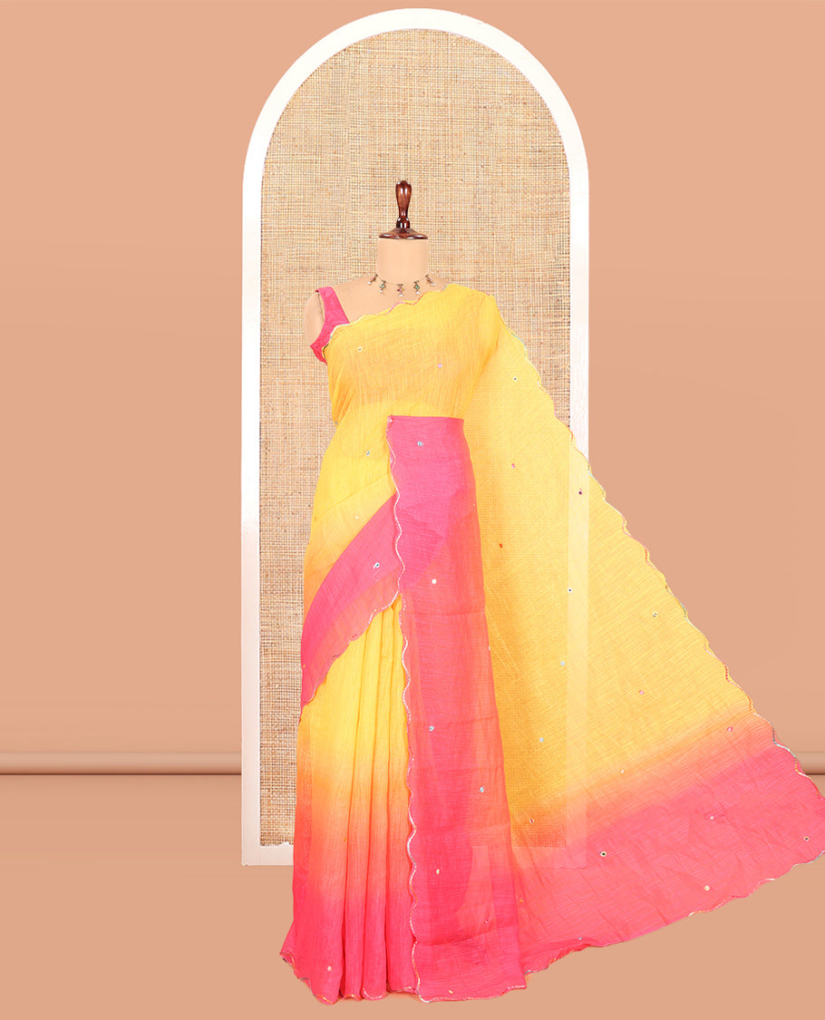Yellow-Pink Linen Cotton Saree Features Ombre Dye and Mirrorwork, Scallop Border, and Contrast Blouse