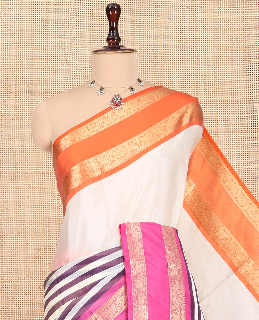Cream Half-And-Half Semi-Katan Silk Saree Features Stripes, Contrast Ganga-Jamuna Border, Matching Blouse