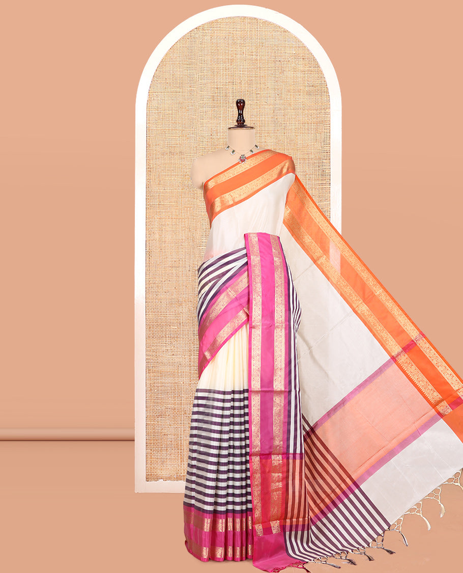 Cream Half-And-Half Semi-Katan Silk Saree Features Stripes, Contrast Ganga-Jamuna Border, Matching Blouse