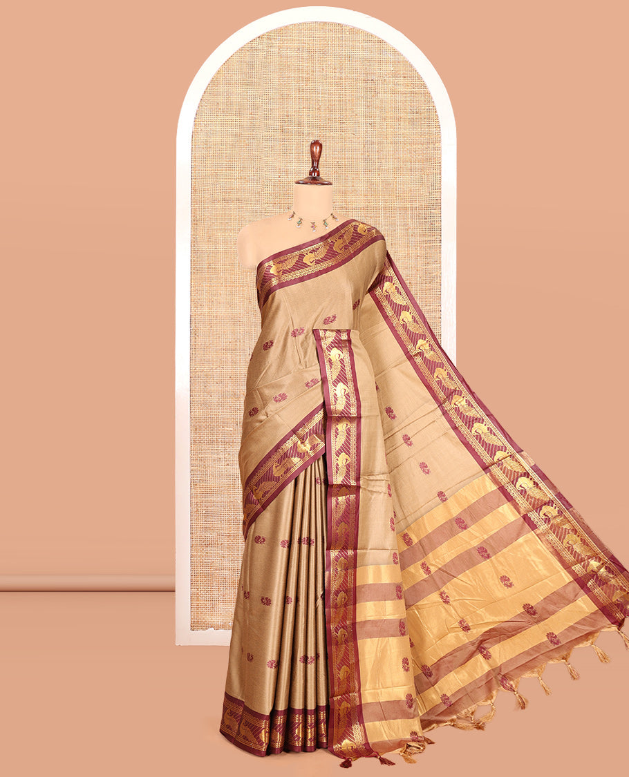 Chikku Peacock Buttas Semi-Soft Silk Saree, Contrast Peacock Border, Buttas Pallu, Matching Blouse