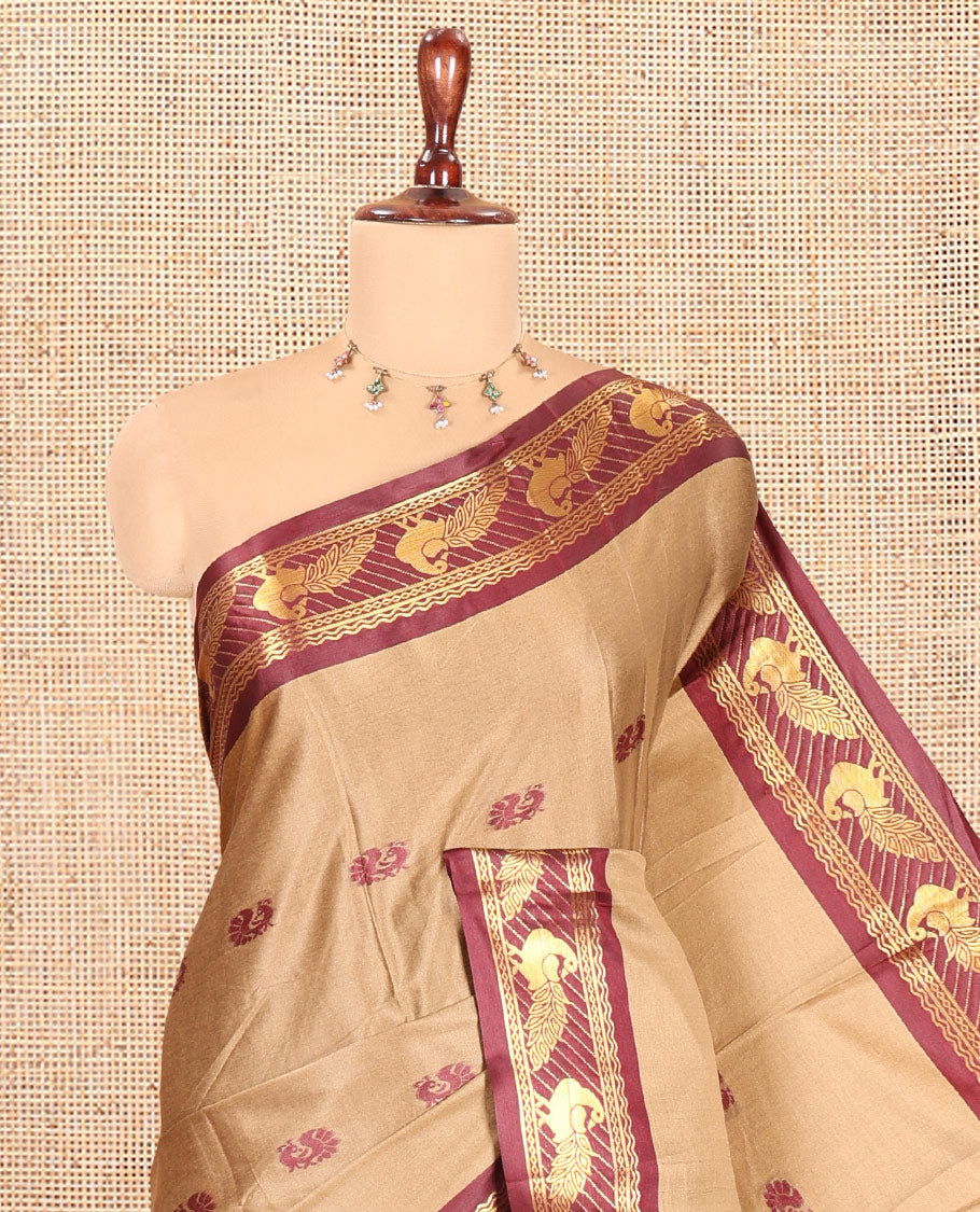 Chikku Peacock Buttas Semi-Soft Silk Saree, Contrast Peacock Border, Buttas Pallu, Matching Blouse