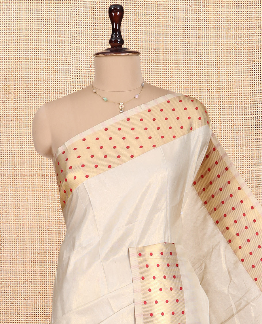 Gold-Red Plain Tissue Saree, Gold Polka-Dotted Border, Matching Blouse