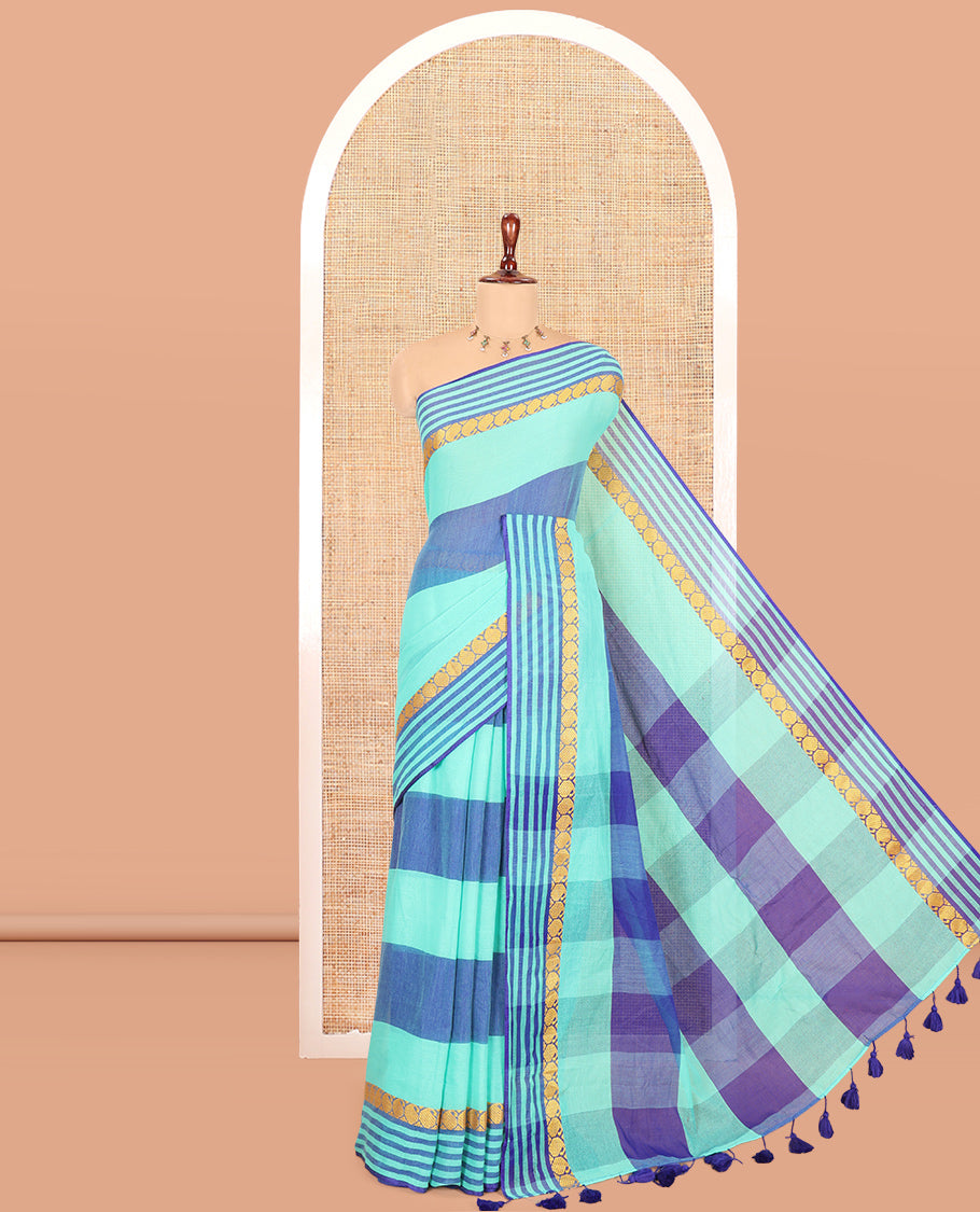 Royal Blue-Green Striped Khadi Cotton Saree, a Paisley Border, Checked Pallu, and No Blouse