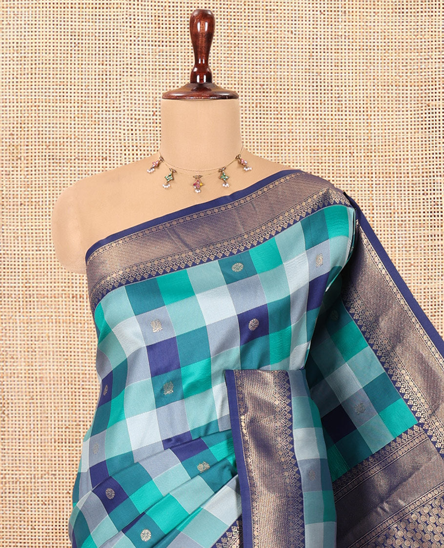 Navy Blue Buttas-Checked Semi-Kanchi Silk Saree, a Traditional Border, Grand Pallu, Matching Blouse