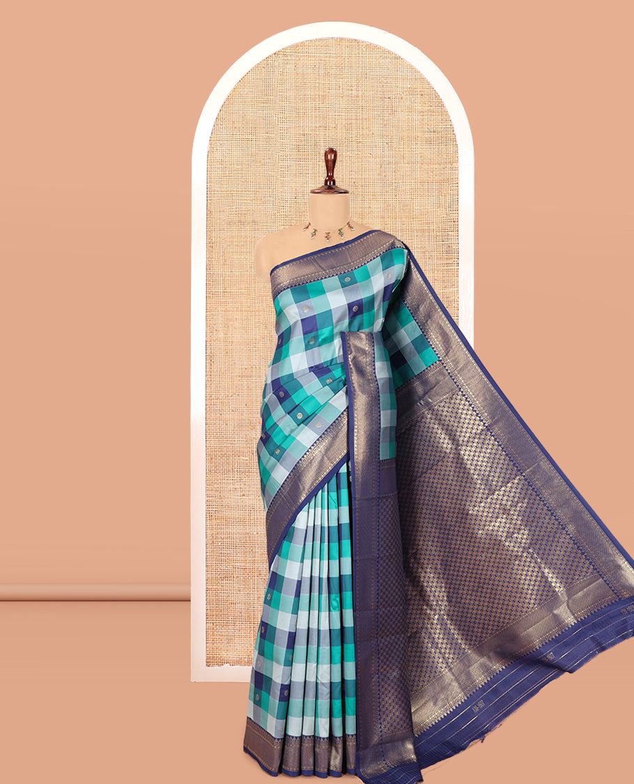 Navy Blue Buttas-Checked Semi-Kanchi Silk Saree, a Traditional Border, Grand Pallu, Matching Blouse
