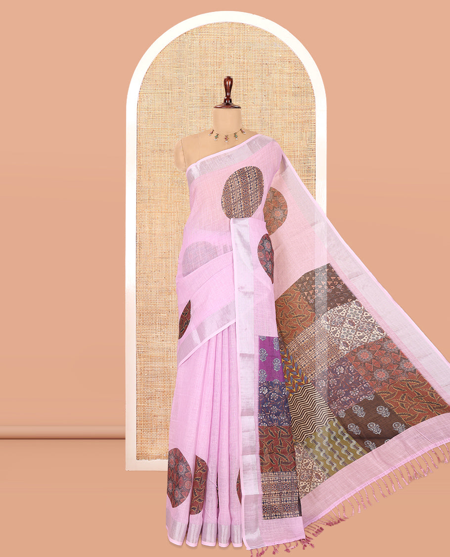Dusky Pink Linen Cotton Saree Features Ajrakh Geometric Print, a Zari Border, Printed Pallu, Contrast Blouse