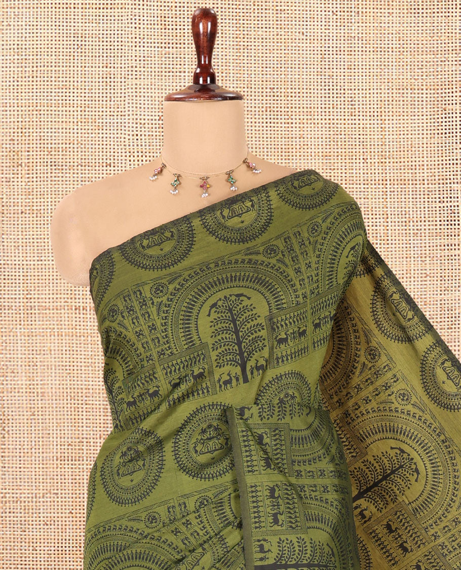 Borderless Olive Green Warli Printed South Cotton Saree, Printed Pallu and a Matching Blouse