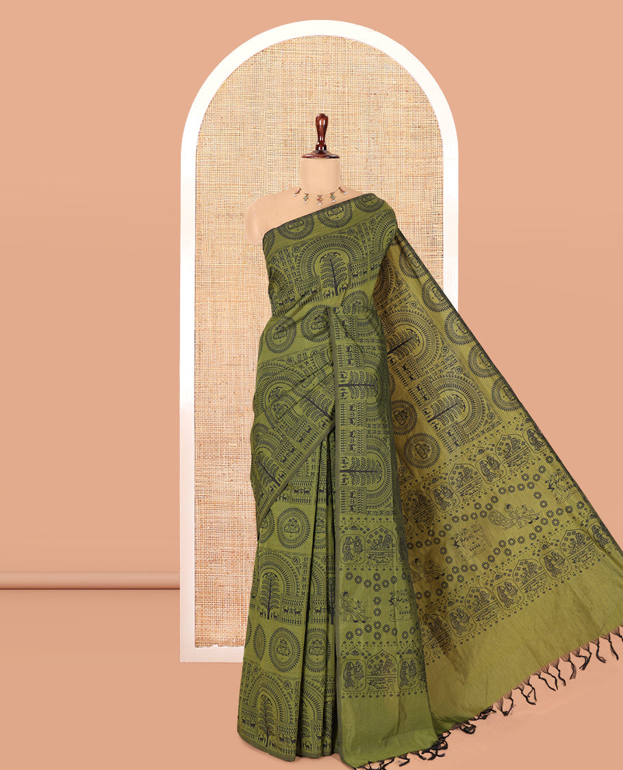 Borderless Olive Green Warli Printed South Cotton Saree, Printed Pallu and a Matching Blouse